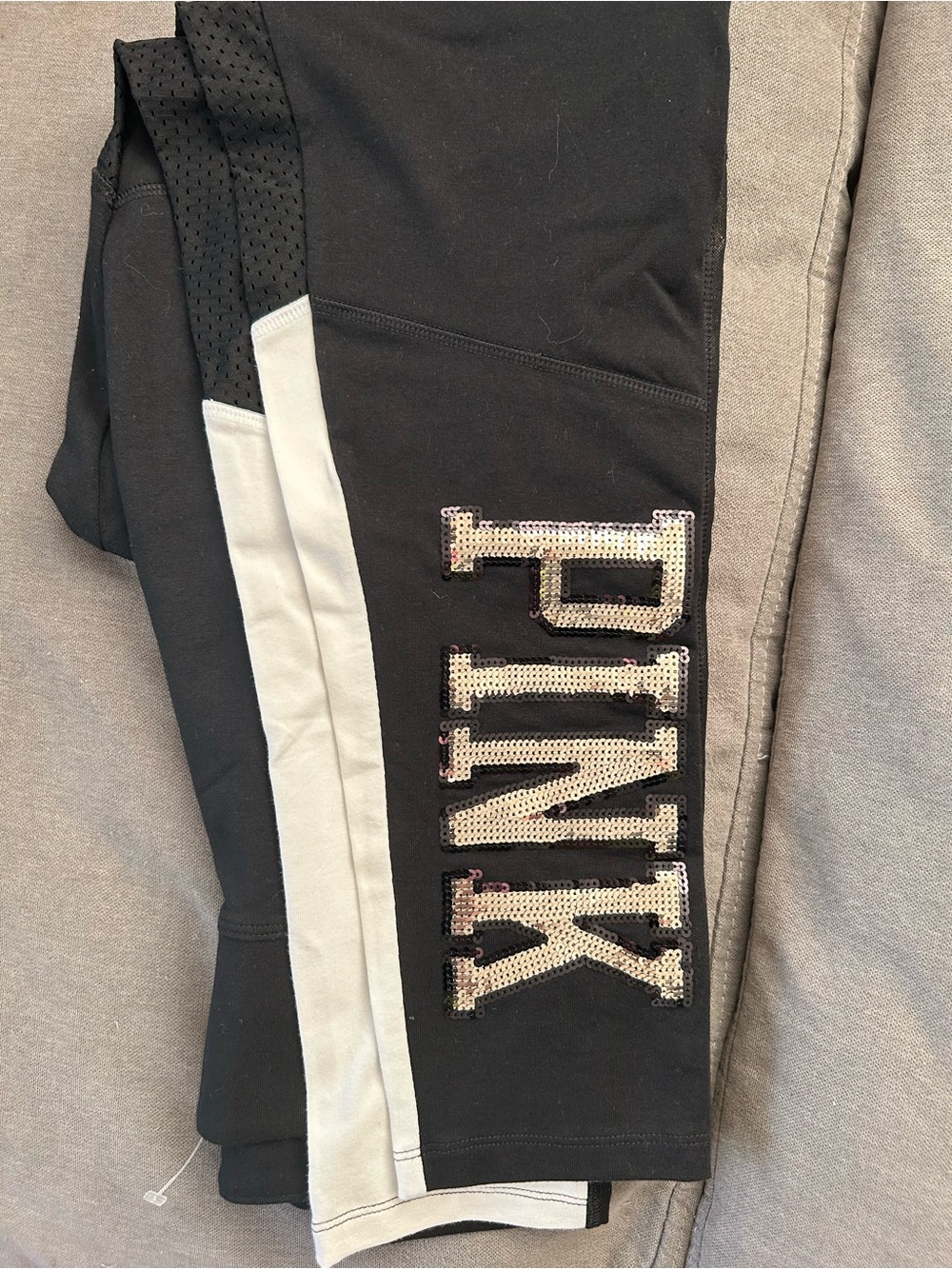 PINK Victoria's Secret Black Leggings with Gold Sequin Logo - Picture 6 of 8